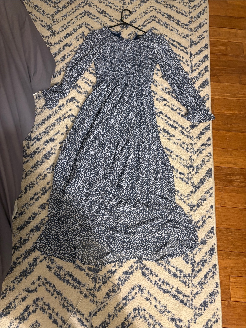 Blue Floral Smocked Maxi Dress with Long Sleeves
